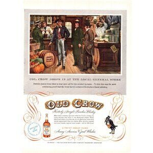 1952 Old Crow Bourbon Vintage Print Ad Old General Store Drawing 50s Wall Art
